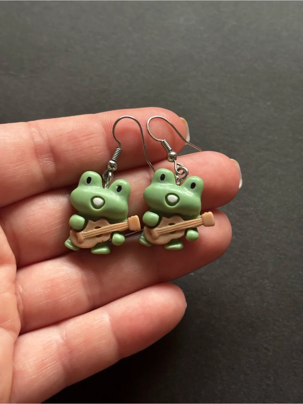 Green Frog Guitar Dangle Earrings | Cute Kawaii Kids
